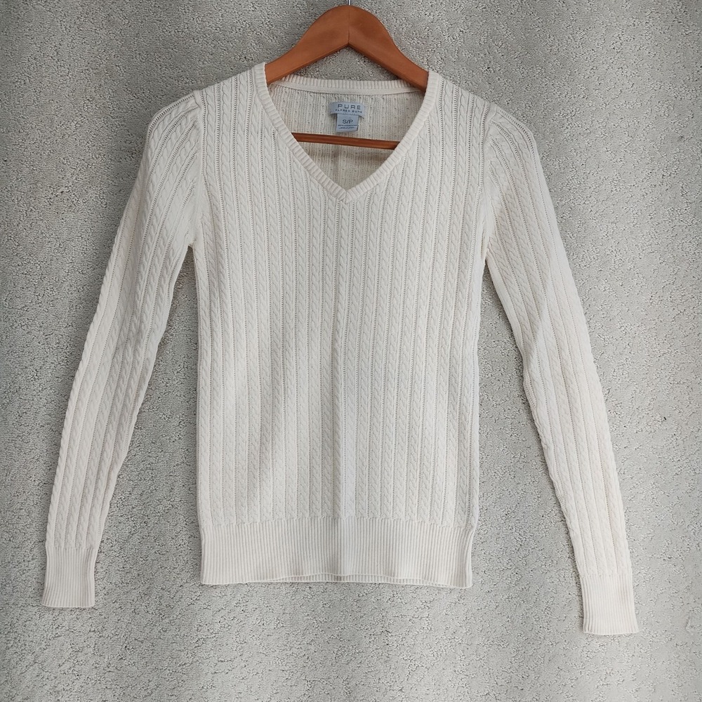 Pure Alfred Sung Sweater Womens S Cable Knit V Neck 100% Cotton Ivory Classic
